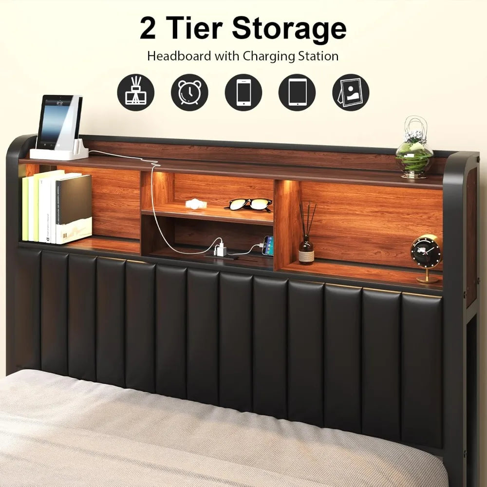 Full Bed, 54.3" Tall 3-Tier Storage Headboard, PU Leather, Metal Platform Frame, LED Lights, Charging Station