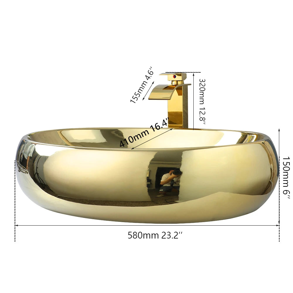 Luxury Oval Bathroom Sink, Gold Ceramic, Above Counter, Waterfall Faucet