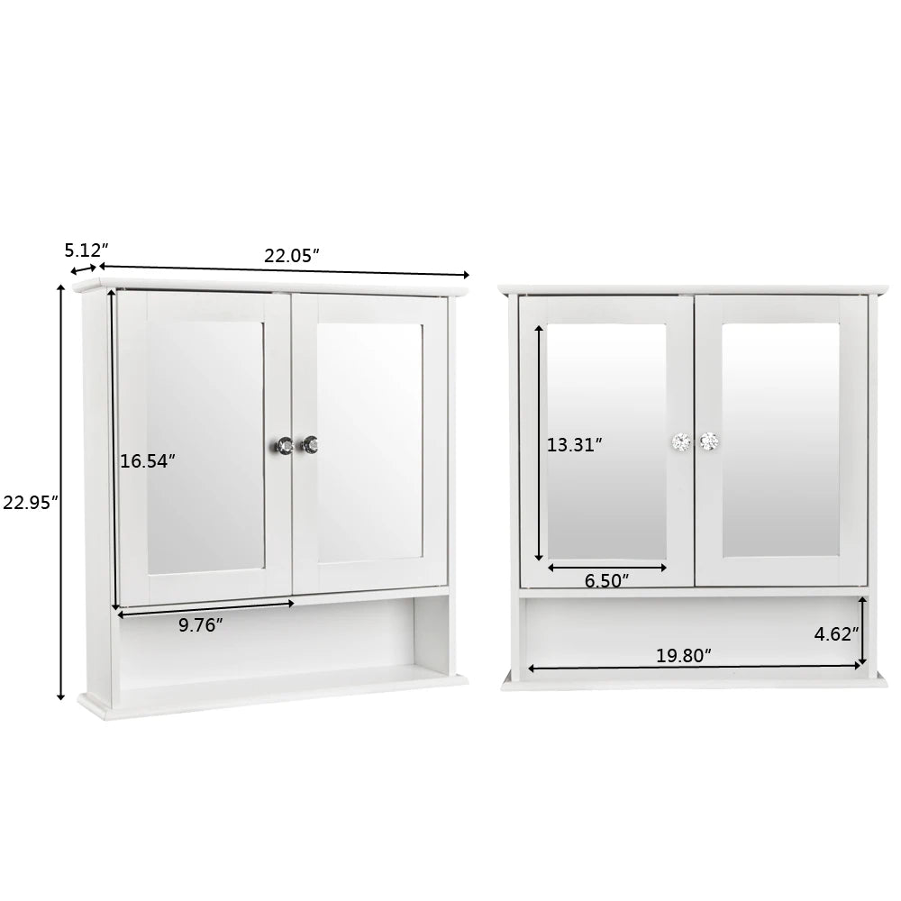 Double Door Mirror Bathroom Cabinet, Shelf, White