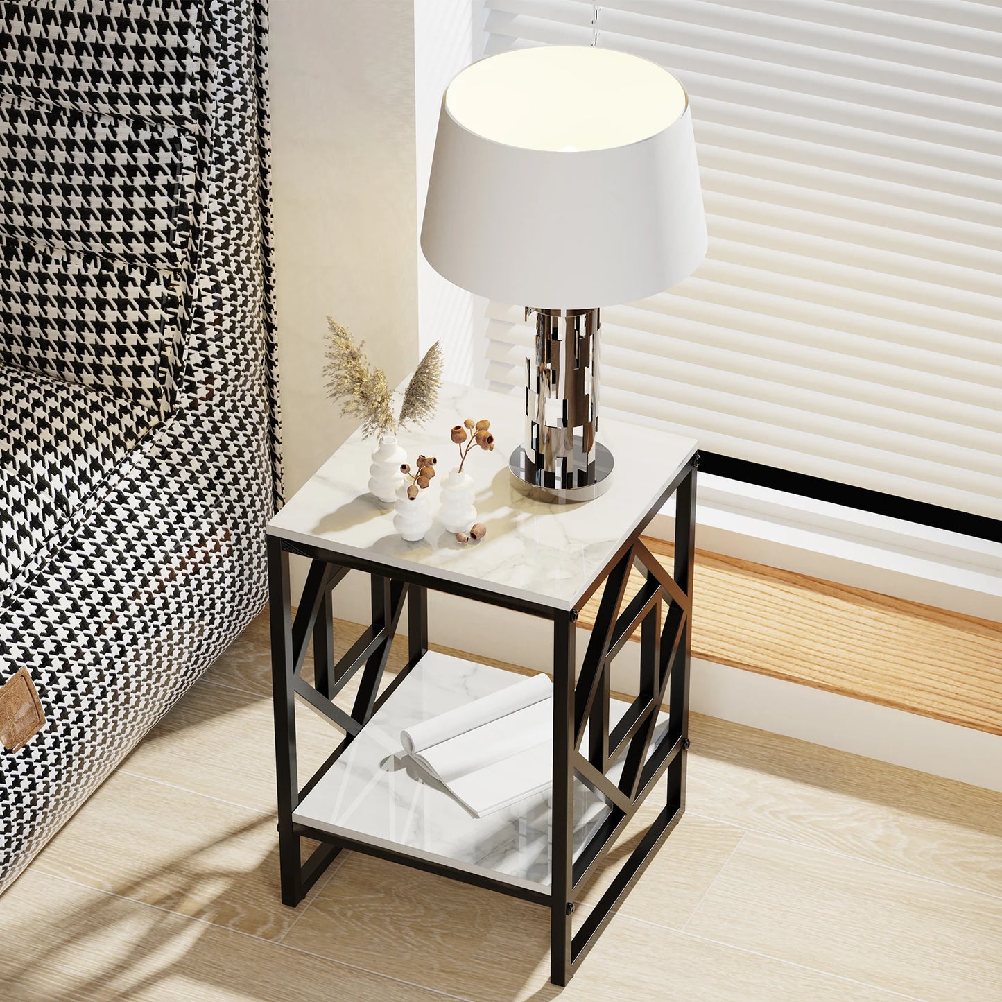 Marble Top End Table, Nightstand, Black Coated Frame