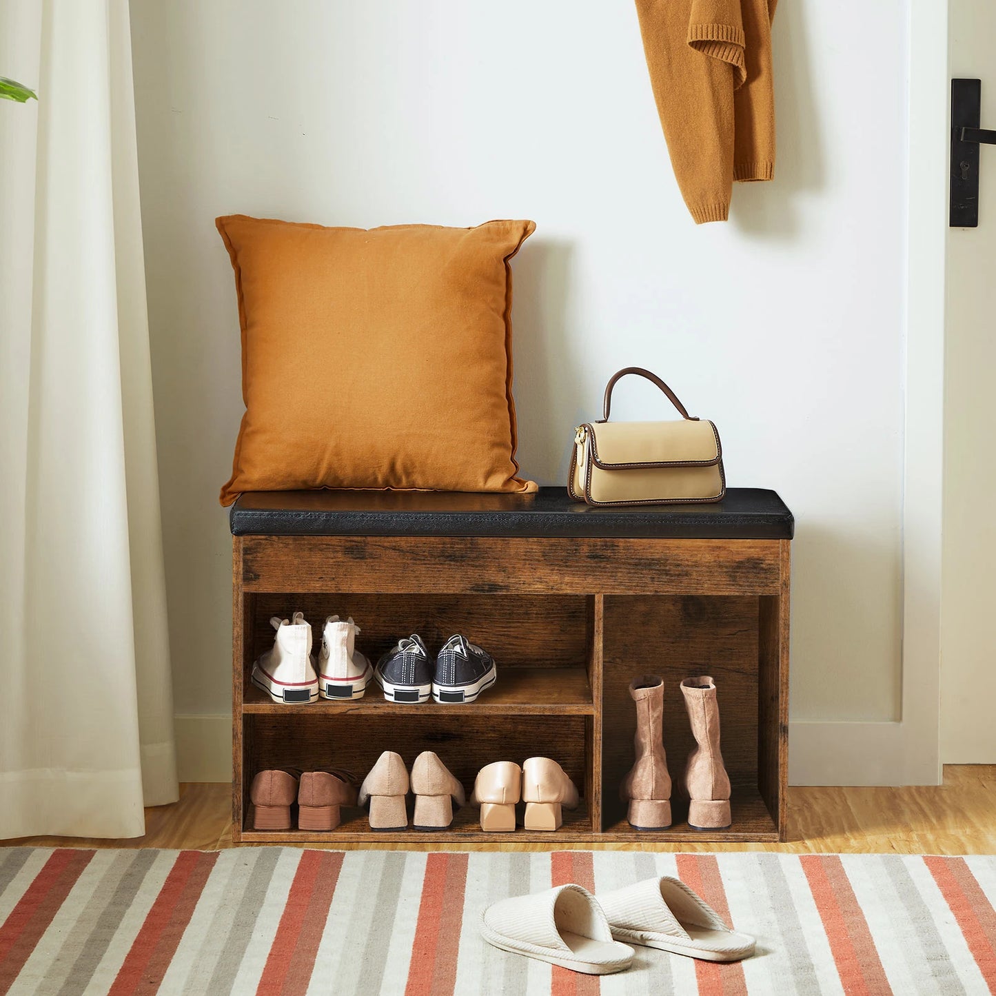 Shoe Storage Bench, Padded Cushion, Entryway, Flip-Open Storage Box