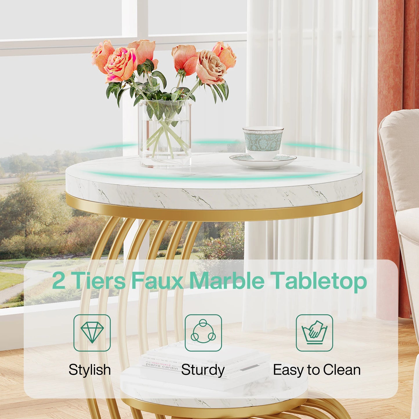 End Table, Faux Marble Side Table with Storage Shelf, Nightstand