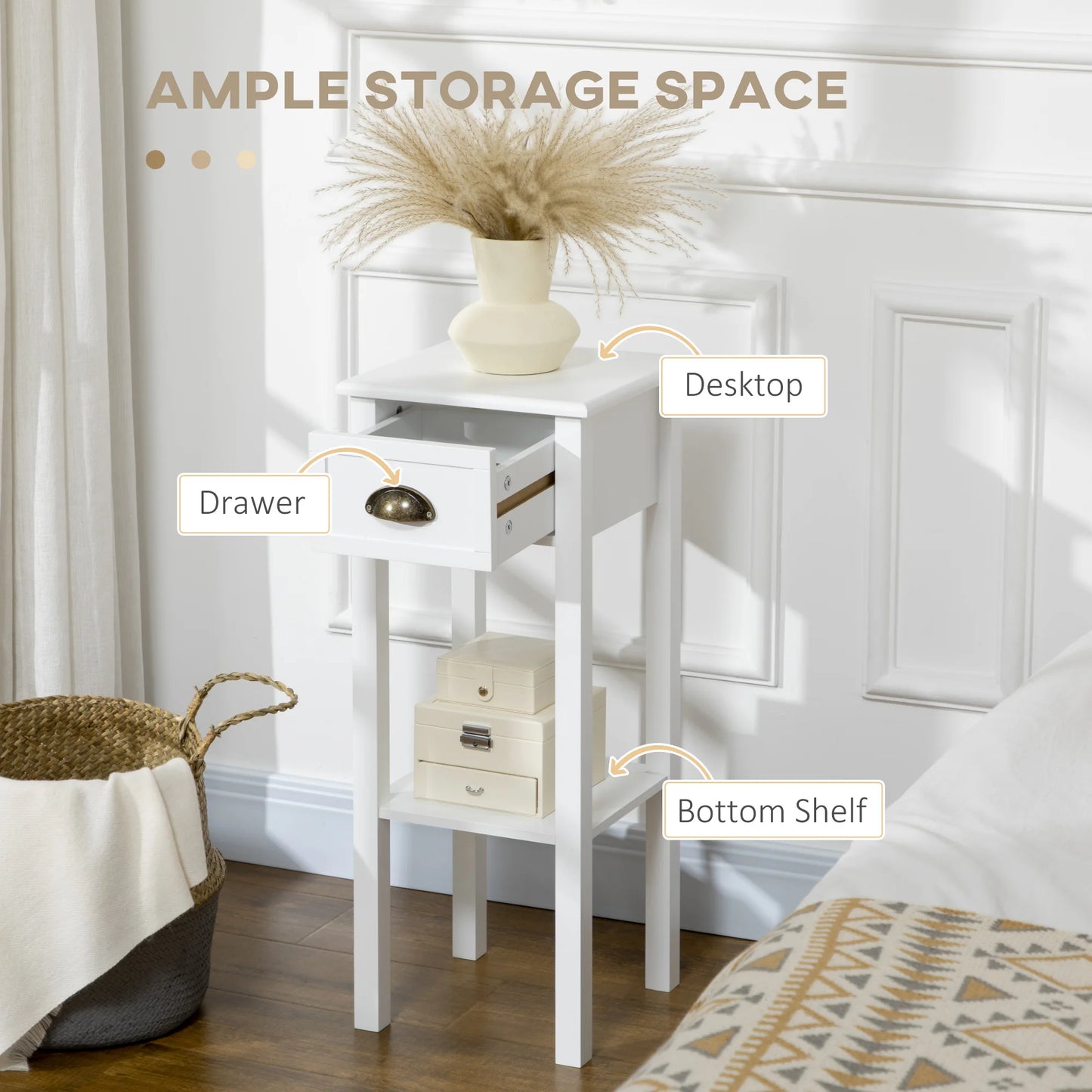 2-Tier End Side Table, Drawer, Shelf for Living Room or Office