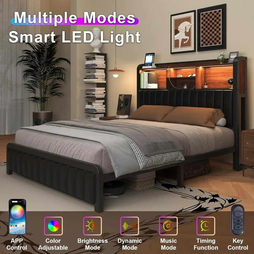 Full Bed, 54.3" Tall 3-Tier Storage Headboard, PU Leather, Metal Platform Frame, LED Lights, Charging Station