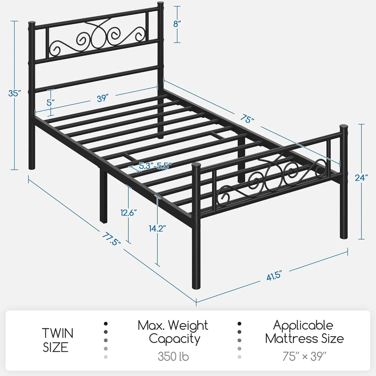 Twin Bed Frame, Metal Platform Bed, Headboard, Footboard, No Box Spring Needed