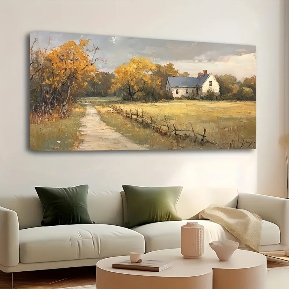 Solid Pine Wood Frame, Large, Natural Canvas Painting Of Farmhouse, 3 Sizes