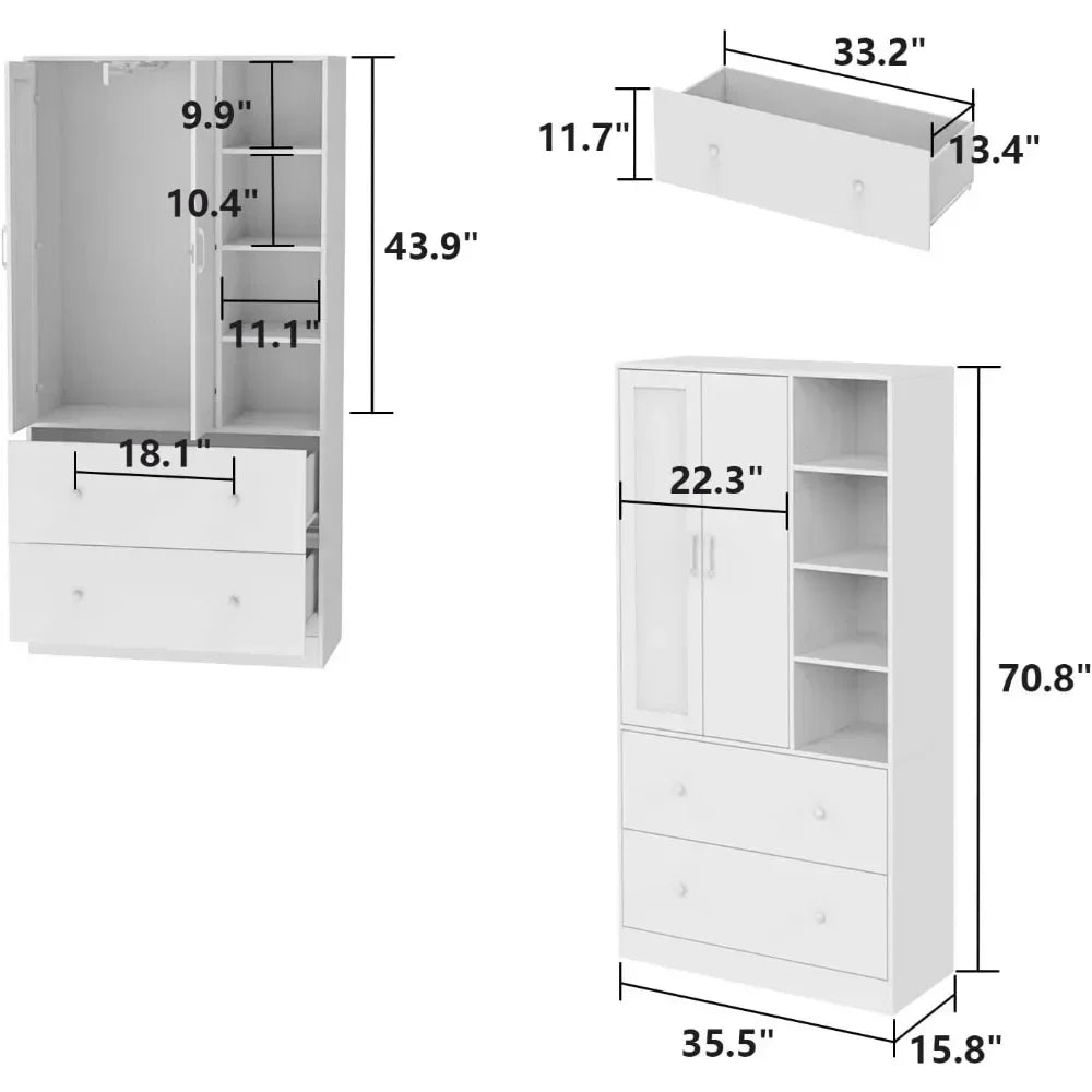 Armoire Closet, Mirror, 2 Door, 2 Drawer, Extendable Hanging Rod