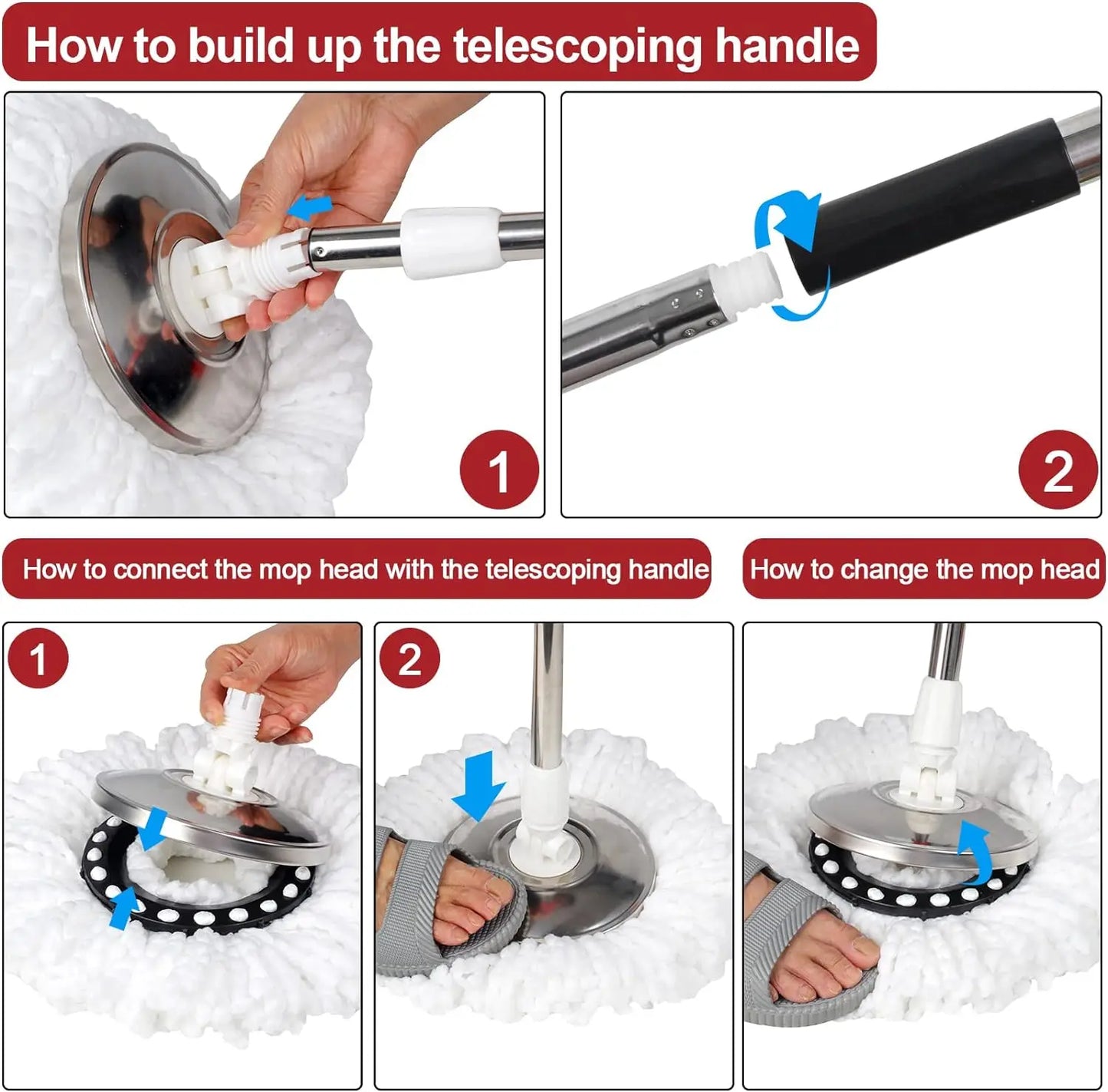 360° Spin Mop Bucket, Wring System, 3 Microfiber Heads, SS Basket, 61" Extended Mop Handle