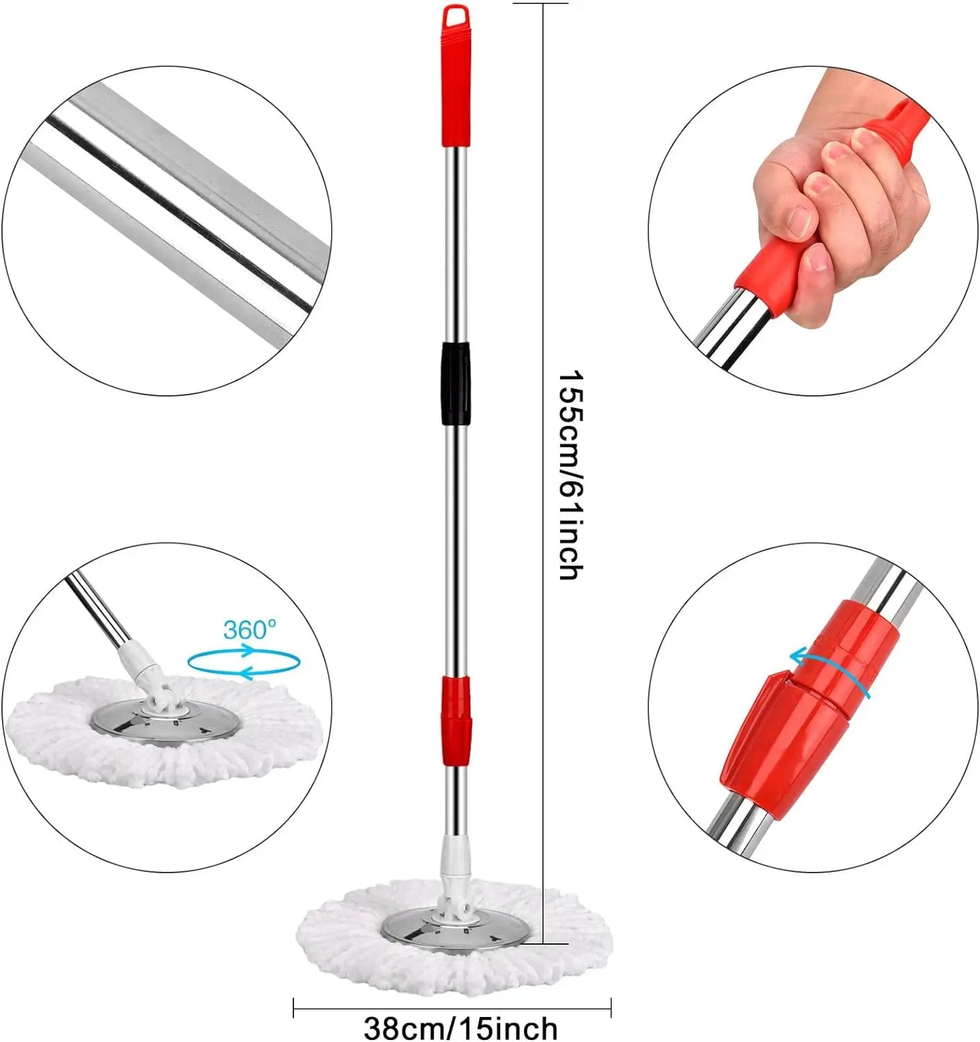 360° Spin Mop Bucket, Wring System, 3 Microfiber Heads, SS Basket, 61" Extended Mop Handle