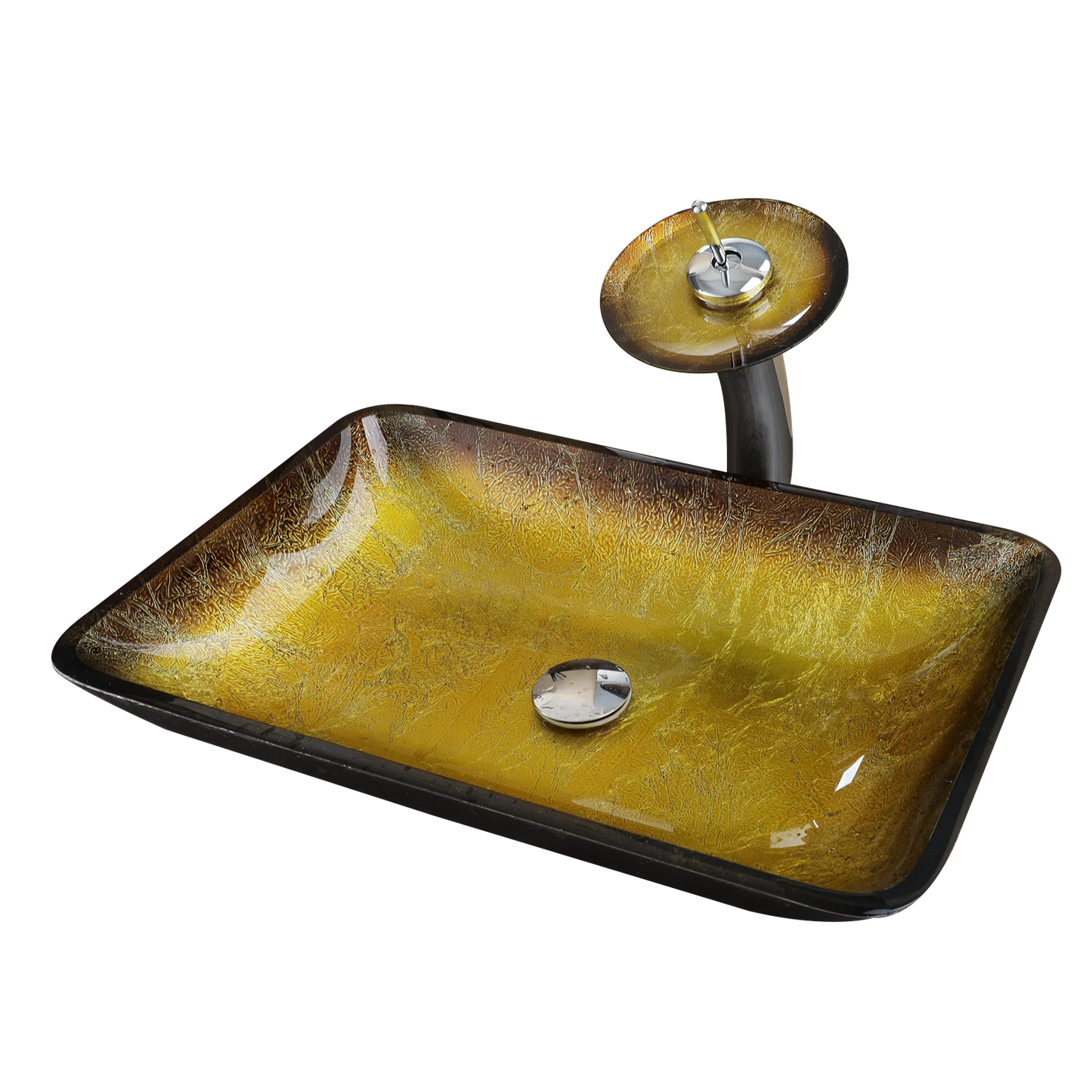 Square Glass Bathroom Sink, Waterfall Faucet