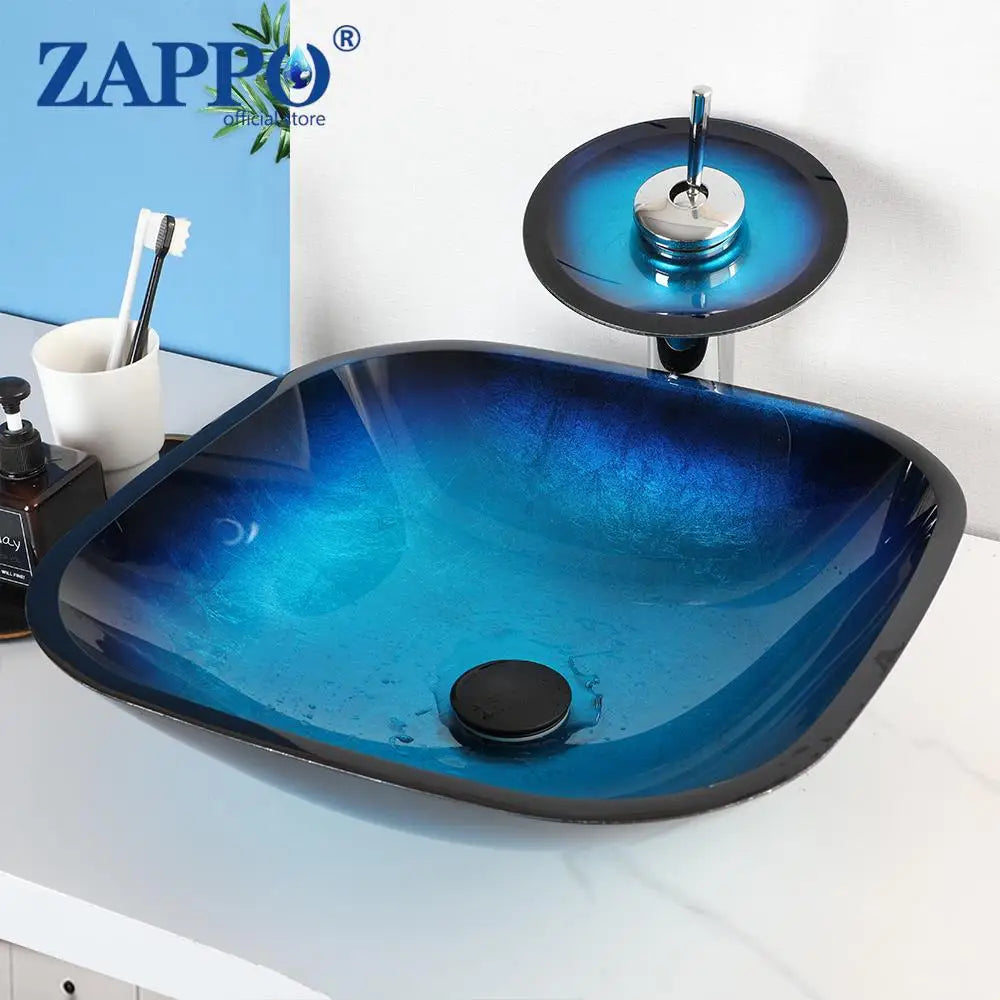 Oval Blue Tempered Glass Sink, Waterfall Black Faucet Tap, Above Counter Basin