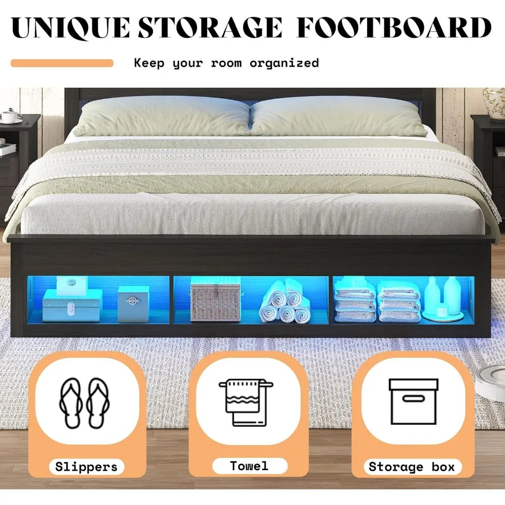 Queen Size Bed, Bookcase Storage Headboard & Footboard, LED Platform Bed Frame, Charging Station