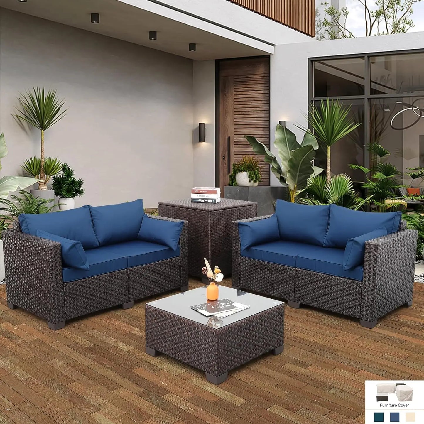 4 Pcs Outdoor Furniture Set, Willow Sofa, Cushions, Coffee Table