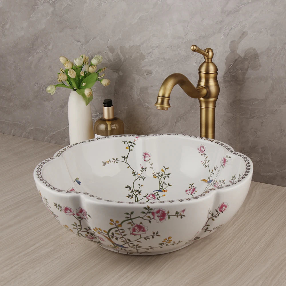 Porcelain Ceramic Sink, Above Counter, Flower Bird Pattern