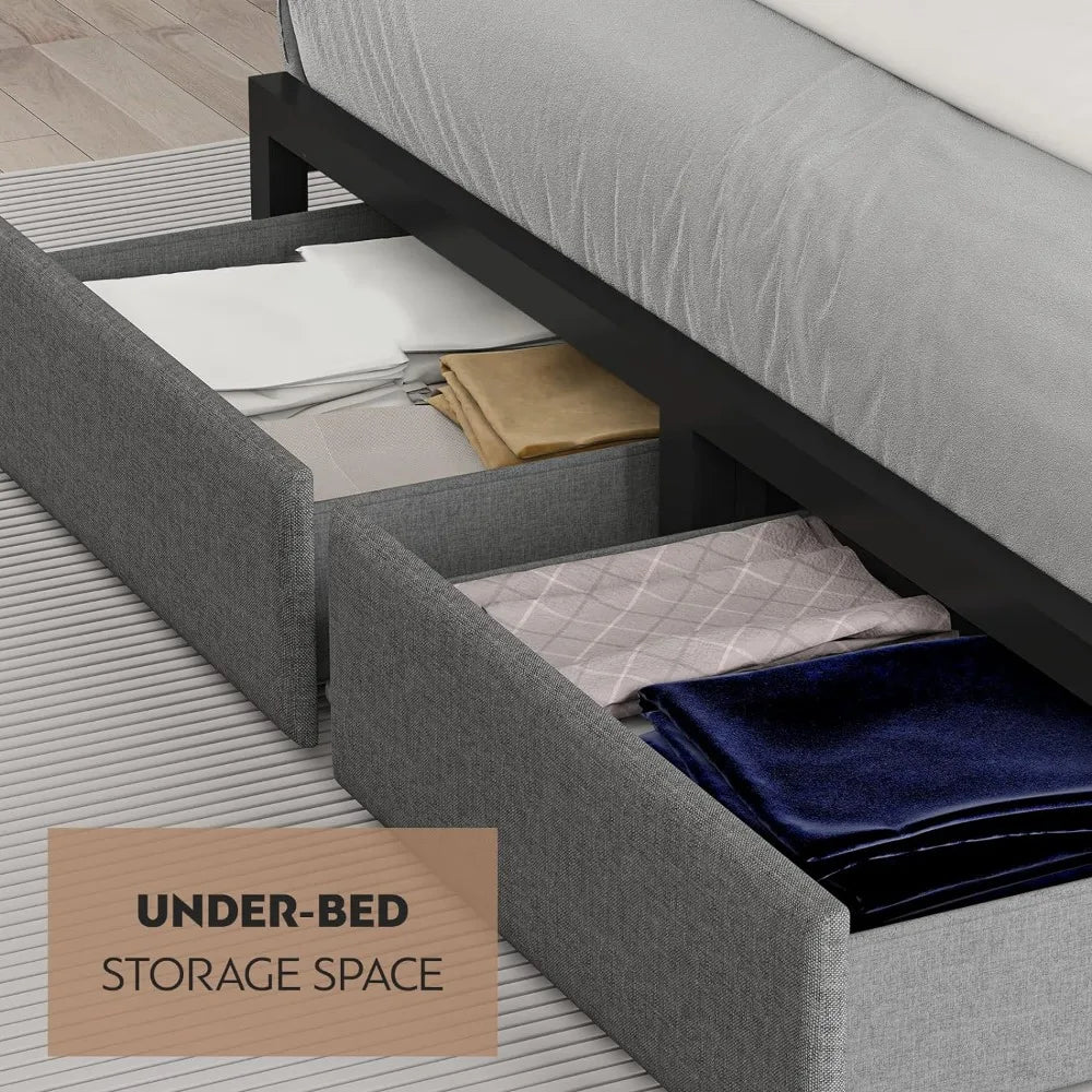 Queen Size Bed, Drawers, Platform Bed Frame, Charging Station, LED Bed