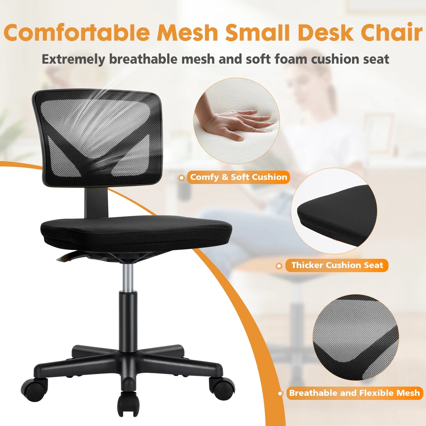 Armless Office Chair, Lumbar Support, Adjustable Height, Swivel