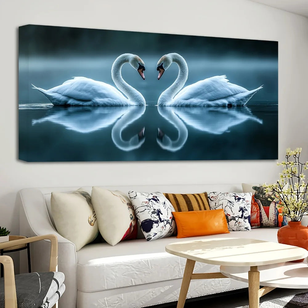 Elegant Lakeside Swan Painting, 1.5" Pine Frame, Wall Decor, 3 Sizes