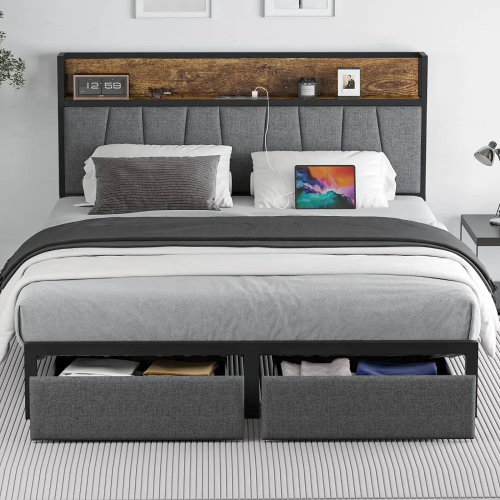 Queen Size Bed, Drawers, Platform Bed Frame, Charging Station, LED Bed