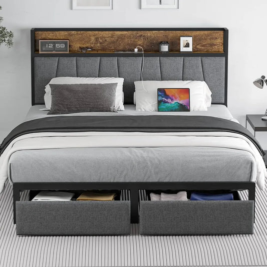 Queen Size Bed, Drawers, Platform Bed Frame, Charging Station, LED Bed