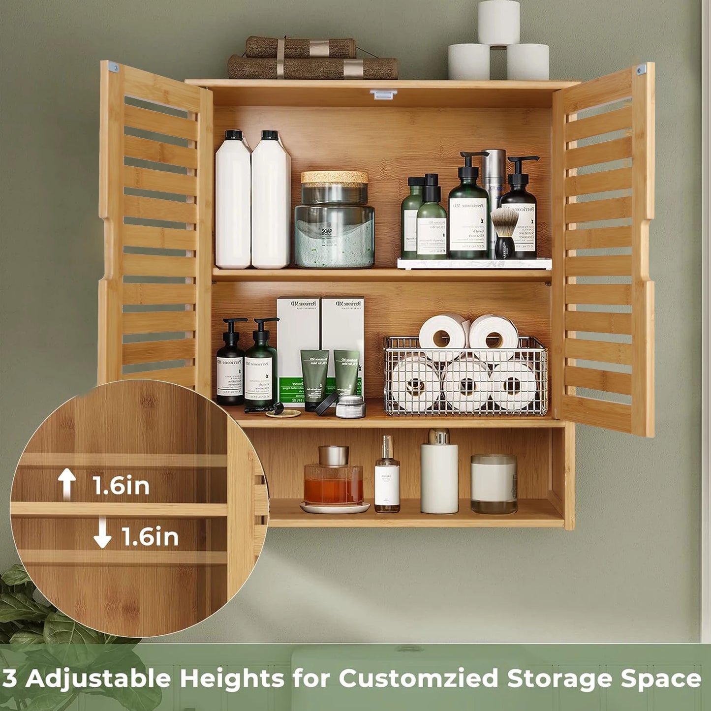 Bathroom Wall Cabinet, Adjustable Shelves, Double Door