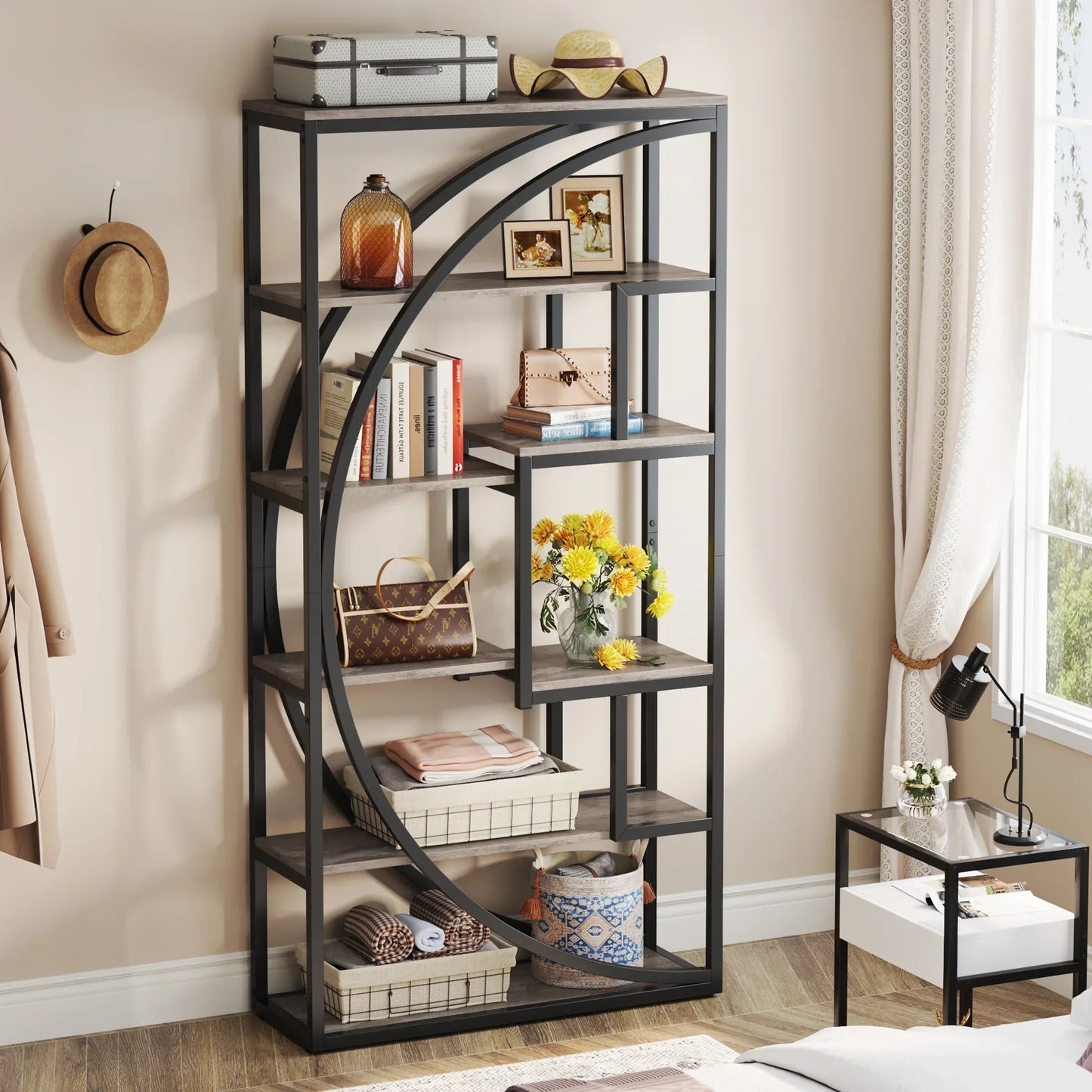 Bookshelf, Industrial, 5-Tier, 70.8" Tall, 8 Open Shelves