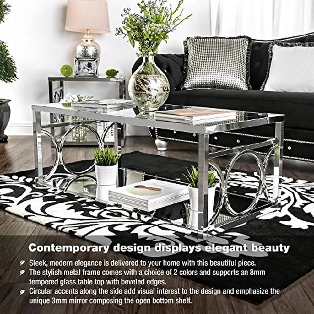 Chrome Glass Coffee Table, Bottom Shelf 47."x 25", Mirror Accents, Beveled Edge