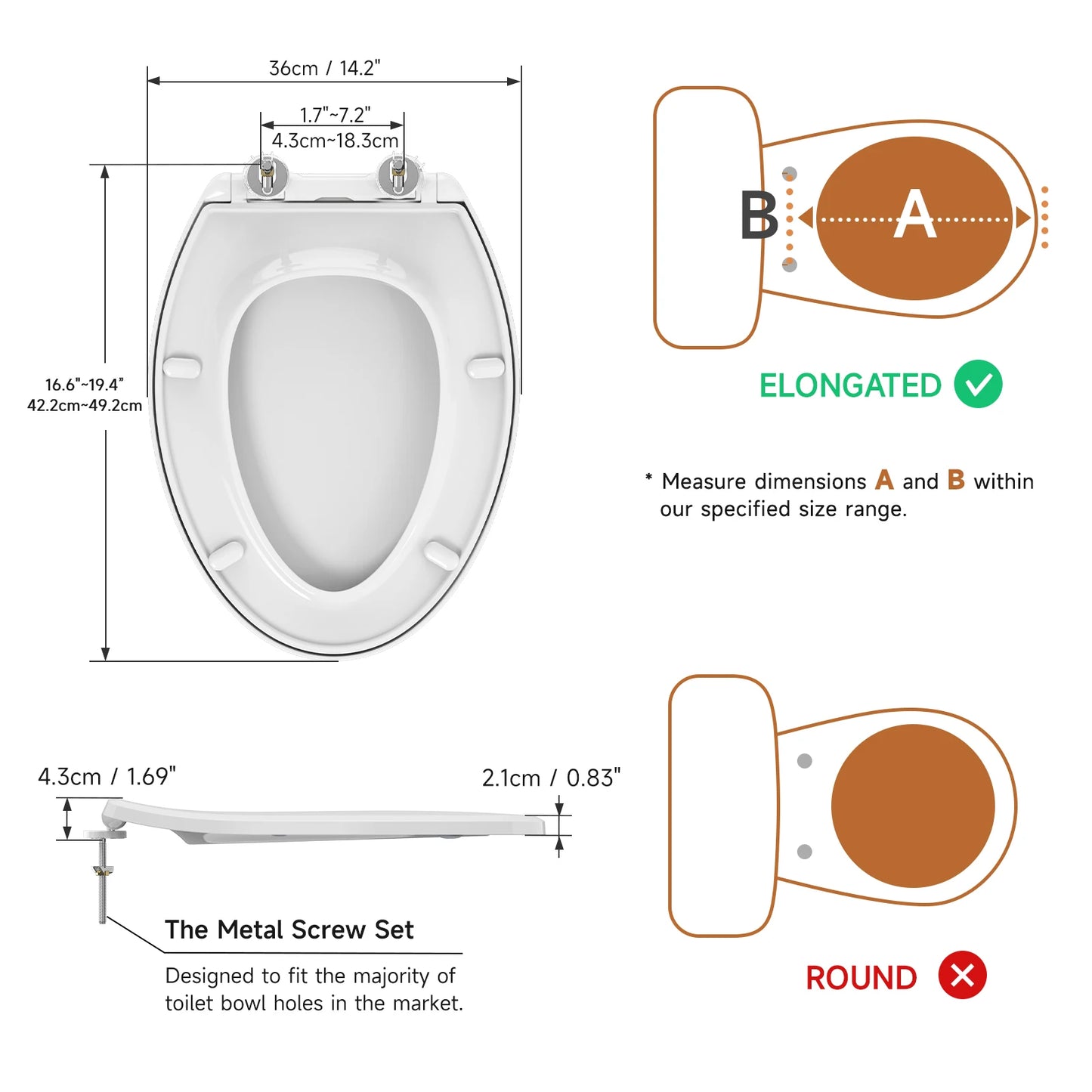 Elongated Toilet Seat, Built-in Light, Soft Slow Close, Plastic
