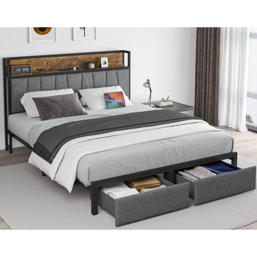 Queen Size Bed, Drawers, Platform Bed Frame, Charging Station, LED Bed