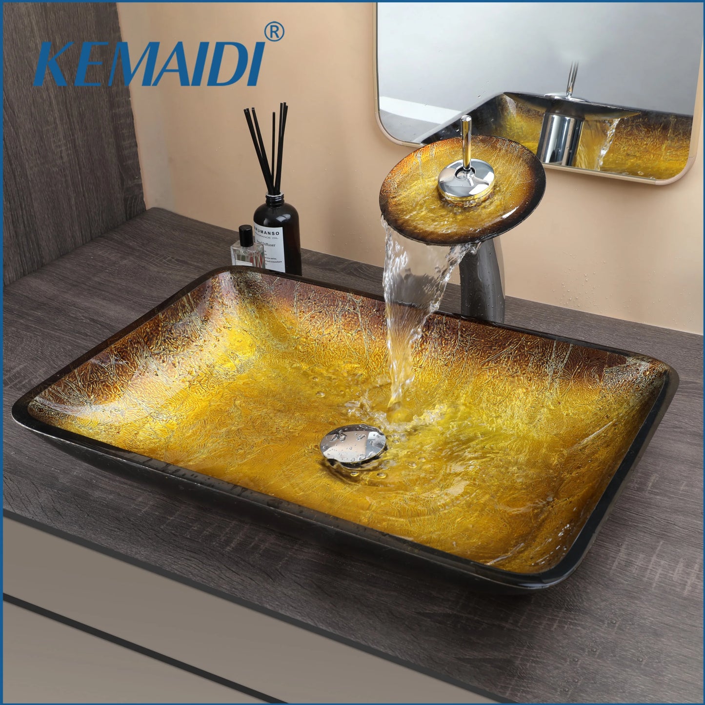 Square Glass Bathroom Sink, Waterfall Faucet