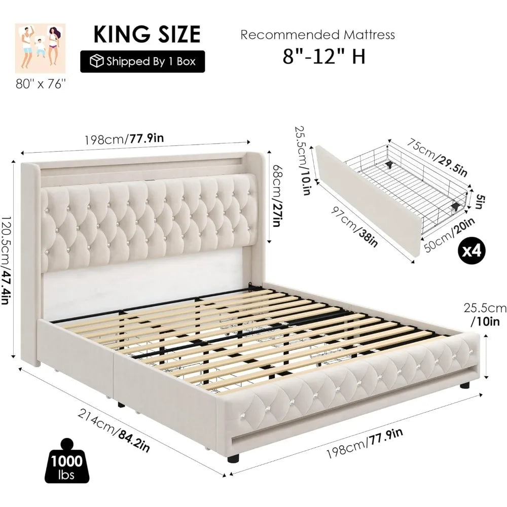 Velvet Upholstered KIng Bed, Charging Station, 4 Storage Drawers, Platform, Metal Frame