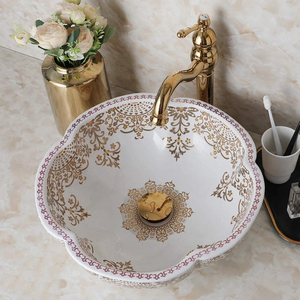 Porcelain Ceramic Sink, Above Counter, Flower Bird Pattern