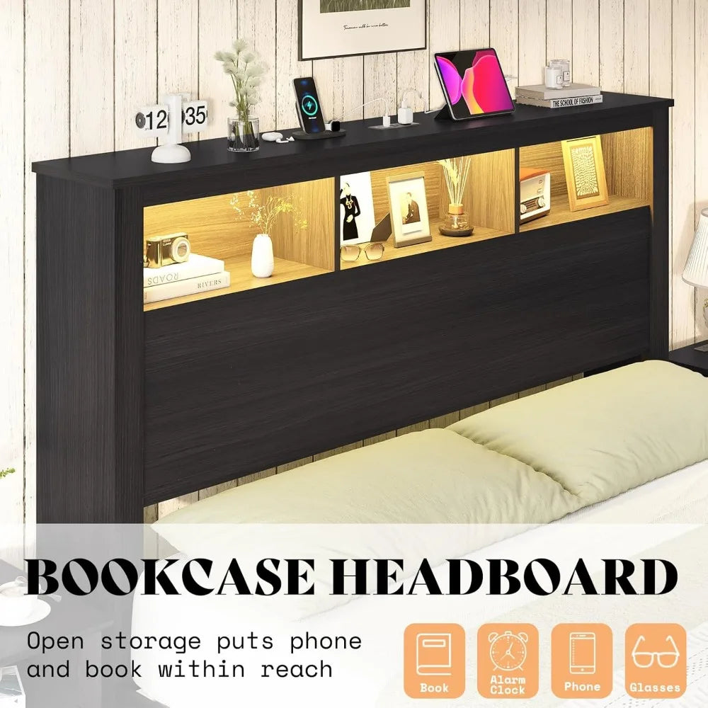 Queen Size Bed, Bookcase Storage Headboard & Footboard, LED Platform Bed Frame, Charging Station