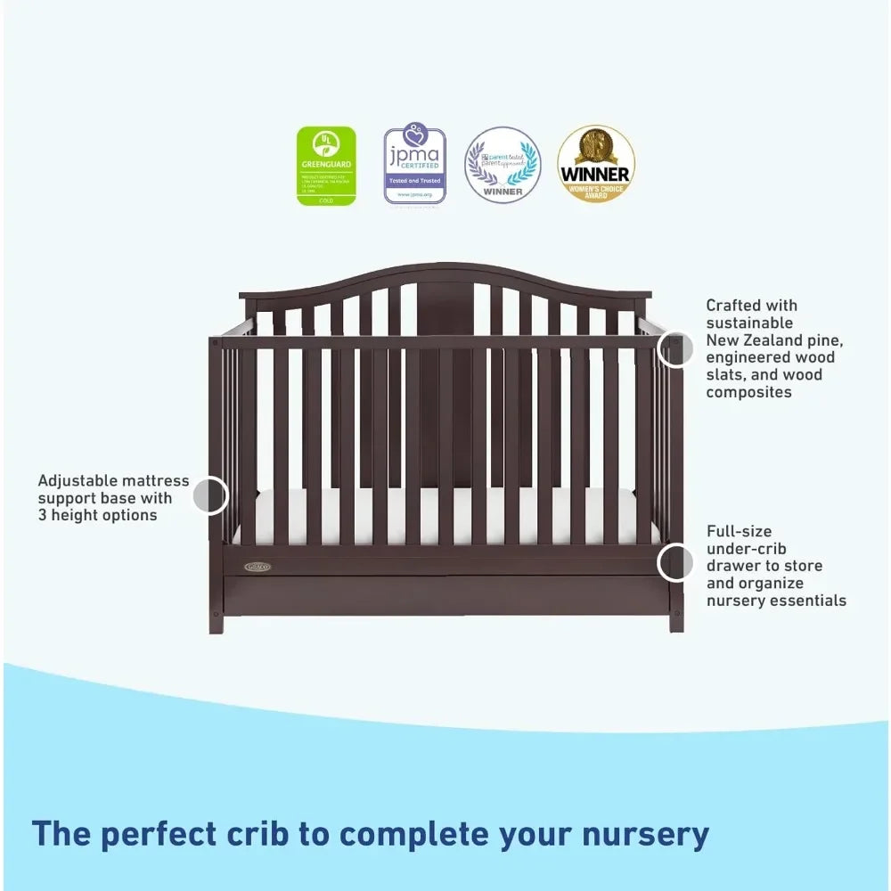 4 in1 Convertible Crib, Drawer, Quality Workmanship, Converts to Toddler Bed