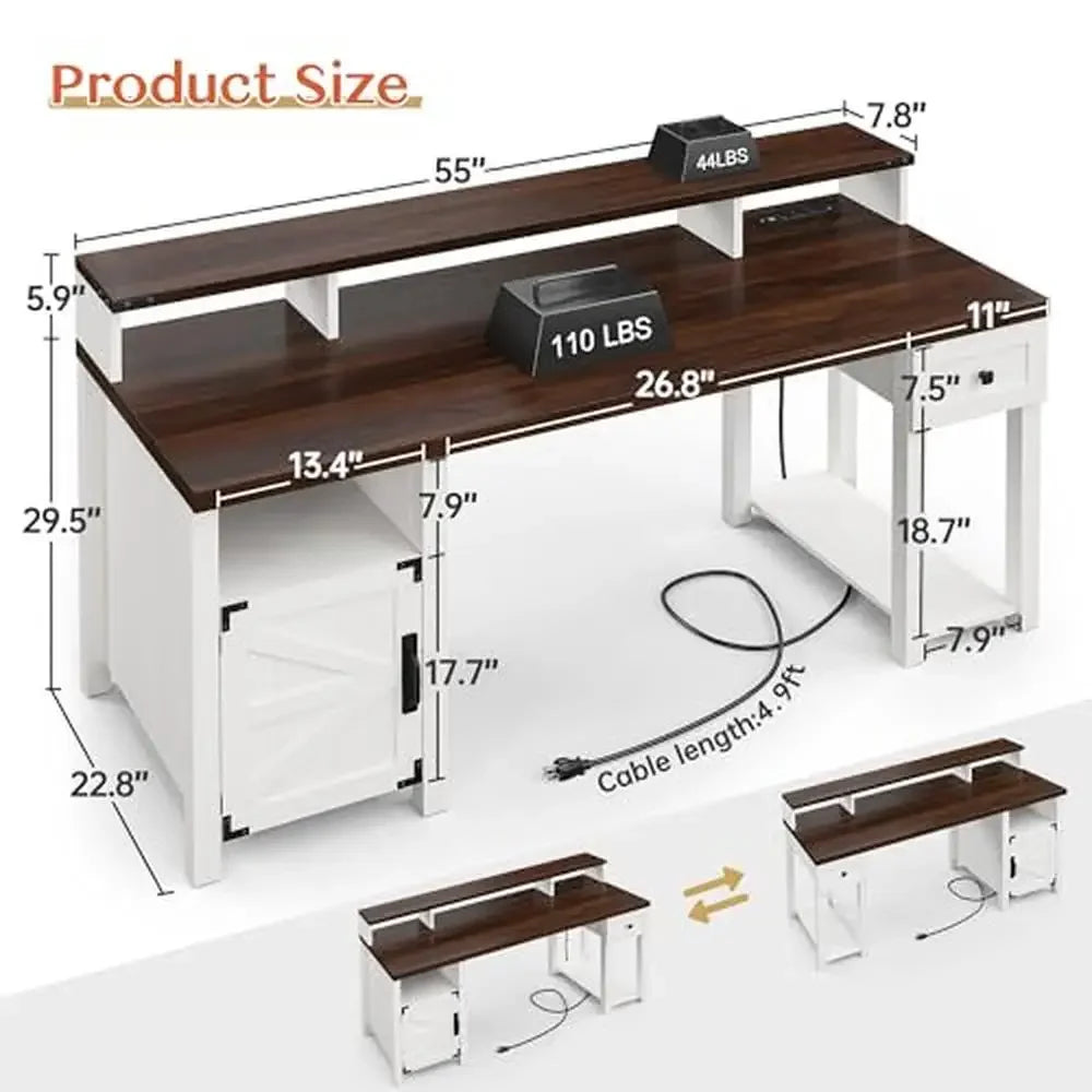 55" Reversible Wood Computer Desk, Drawers, USB Outlets, Rustic