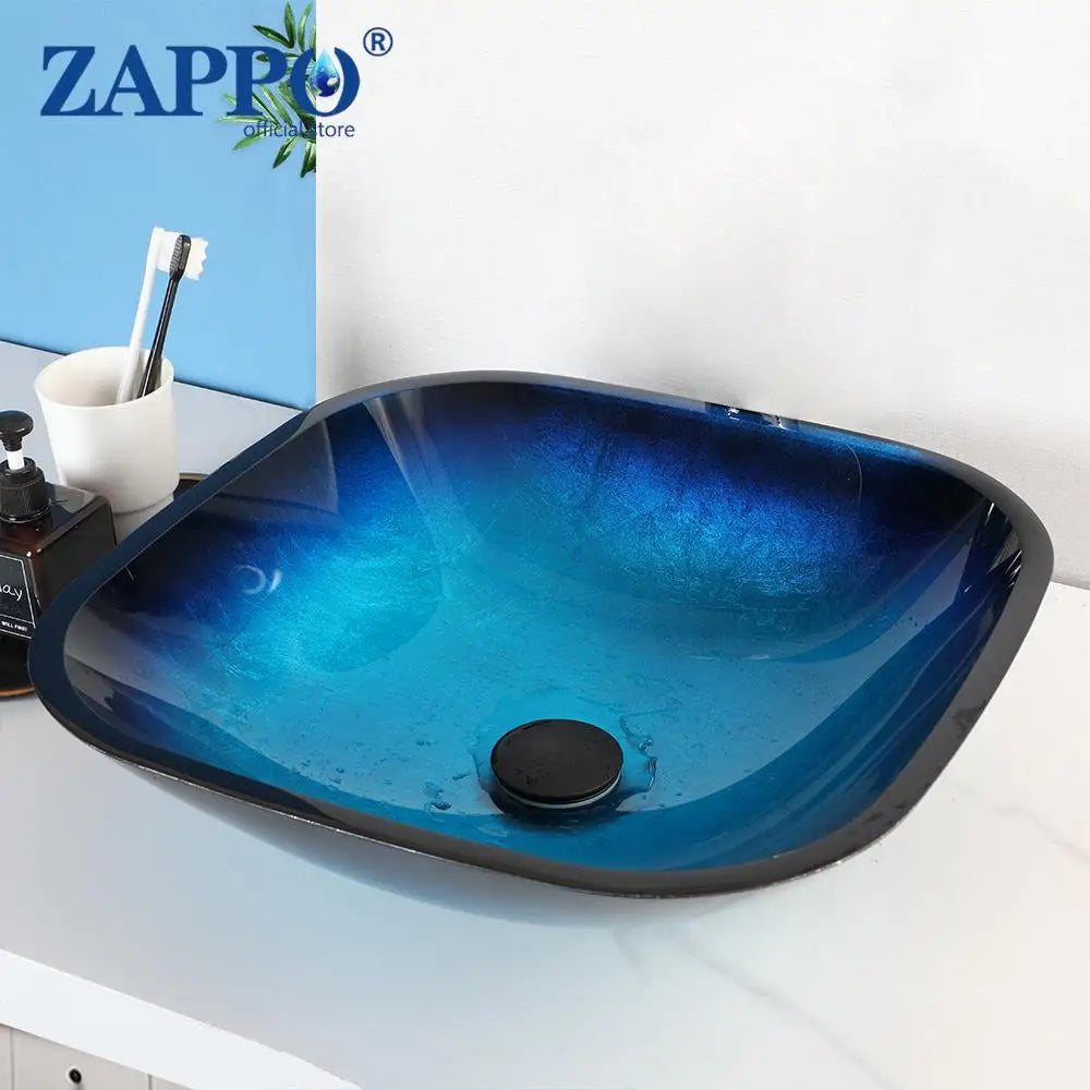 Oval Blue Tempered Glass Sink, Waterfall Black Faucet Tap, Above Counter Basin