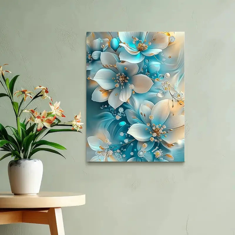 Blue & White Flowers Oil Painting, Framed, Gold Accents