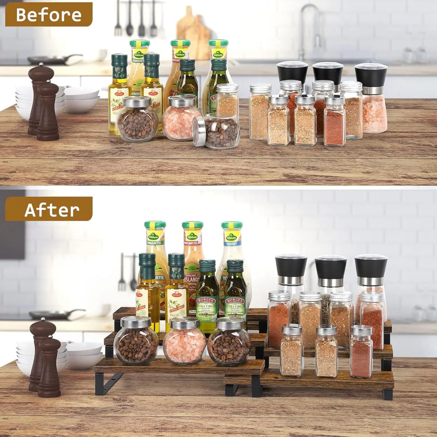 3-Tier Wooden Spice Organizer, Expandable, Set of 2