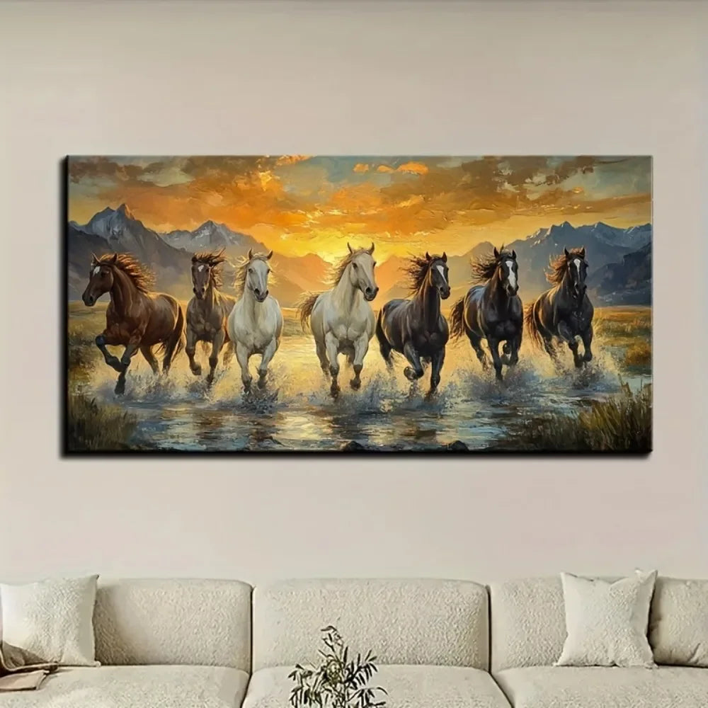 Elegant Seven Horse Canvas Wall Art, Pine Frame, Waterproof, 1.5 inch thick Pine Frame