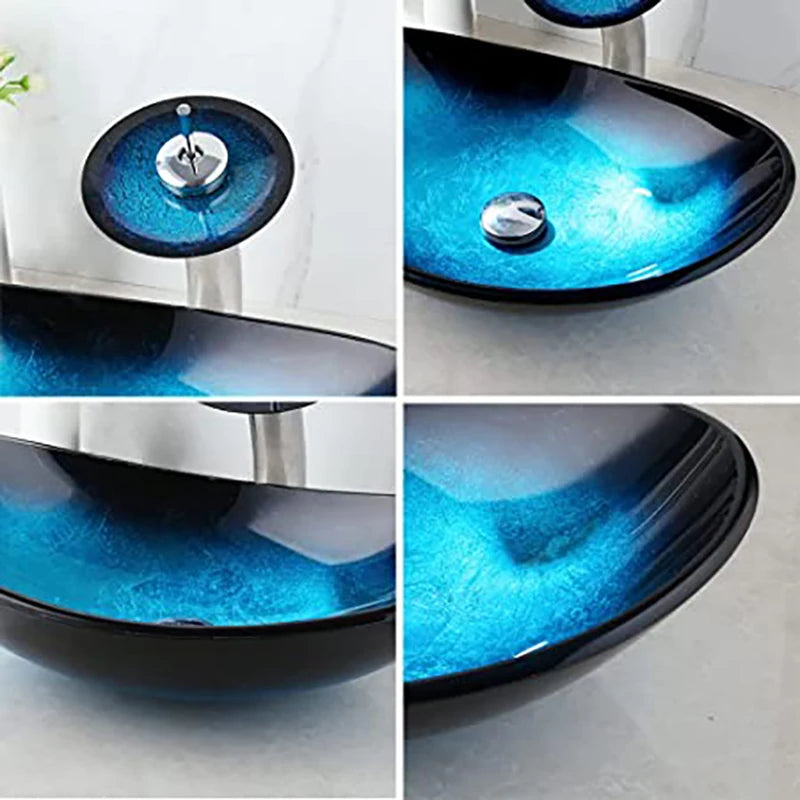 Oval Blue Tempered Glass Sink, Waterfall Black Faucet Tap, Above Counter Basin