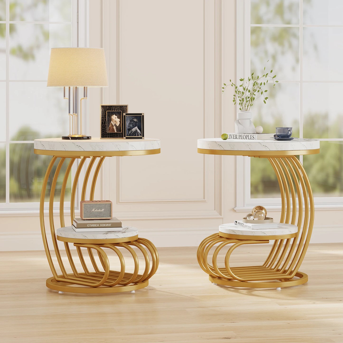 End Table, Faux Marble Side Table with Storage Shelf, Nightstand