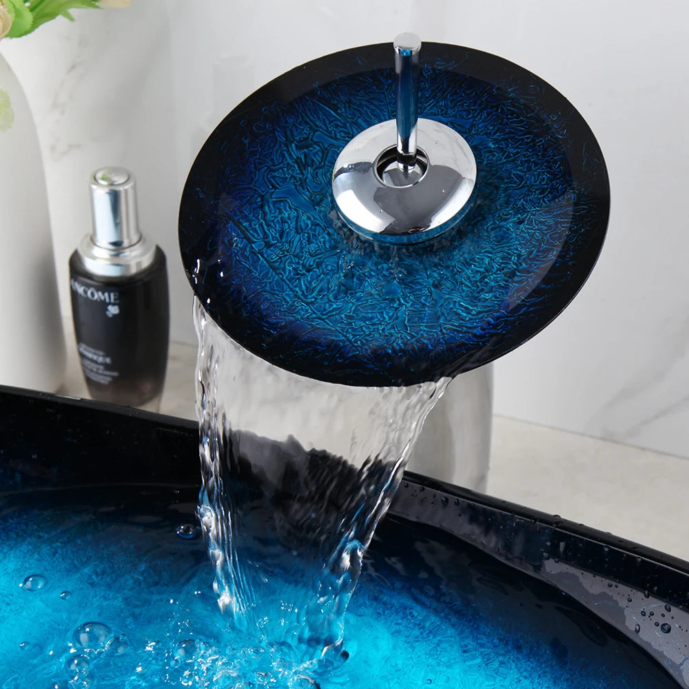 Oval Blue Tempered Glass Sink, Waterfall Black Faucet Tap, Above Counter Basin