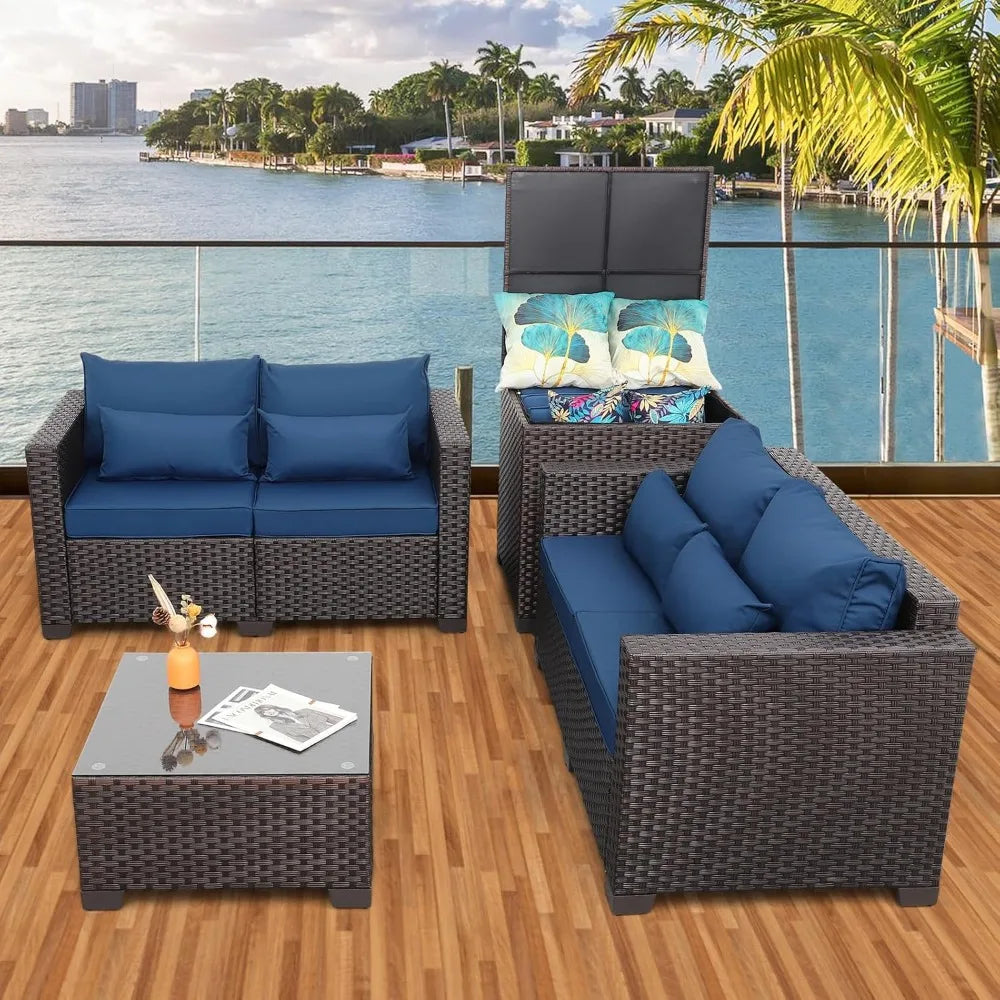 4 Pcs Outdoor Furniture Set, Willow Sofa, Cushions, Coffee Table