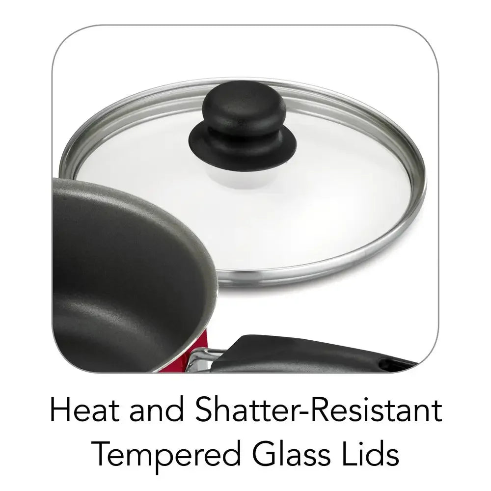 9-Piece Non-Stick Cookware Set, Red, Riveted Handles, Tempered Glass Lids