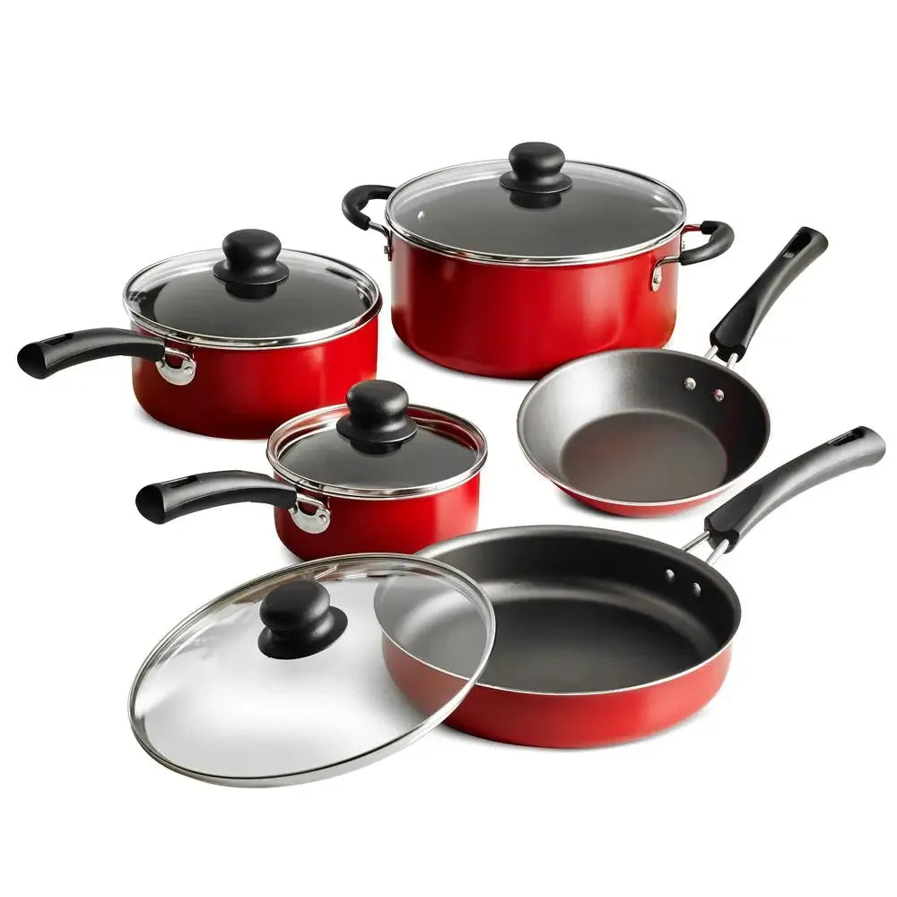 9-Piece Non-Stick Cookware Set, Red, Riveted Handles, Tempered Glass Lids