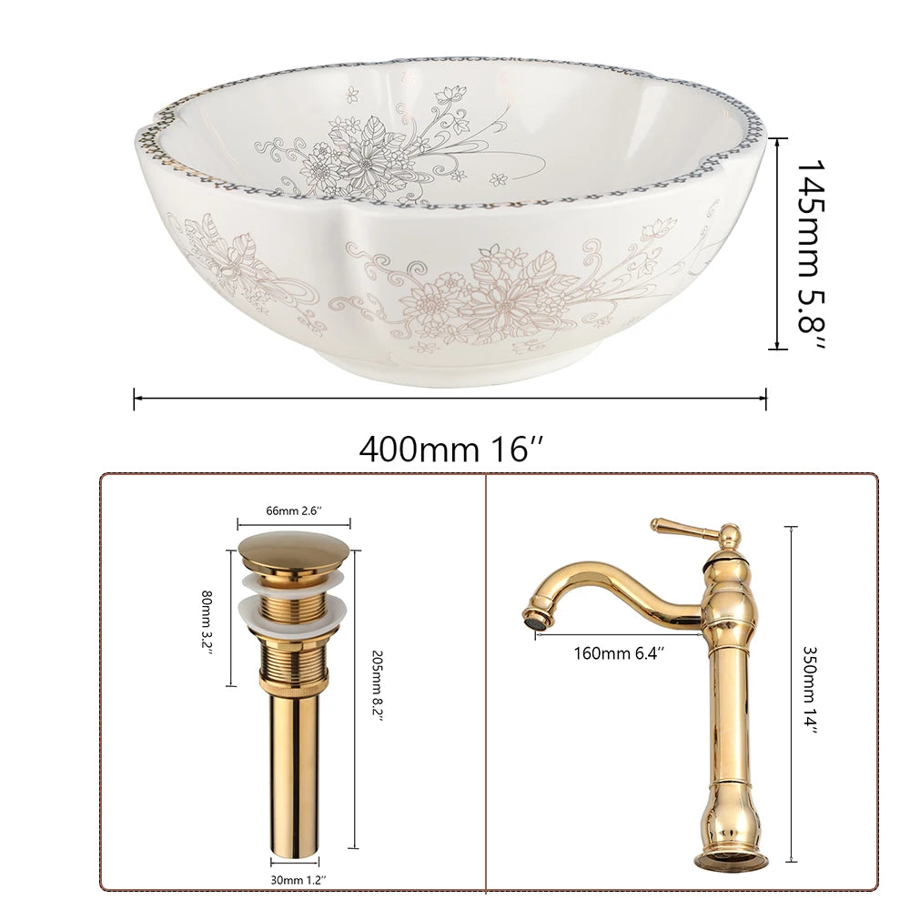 Porcelain Ceramic Sink, Above Counter, Flower Bird Pattern