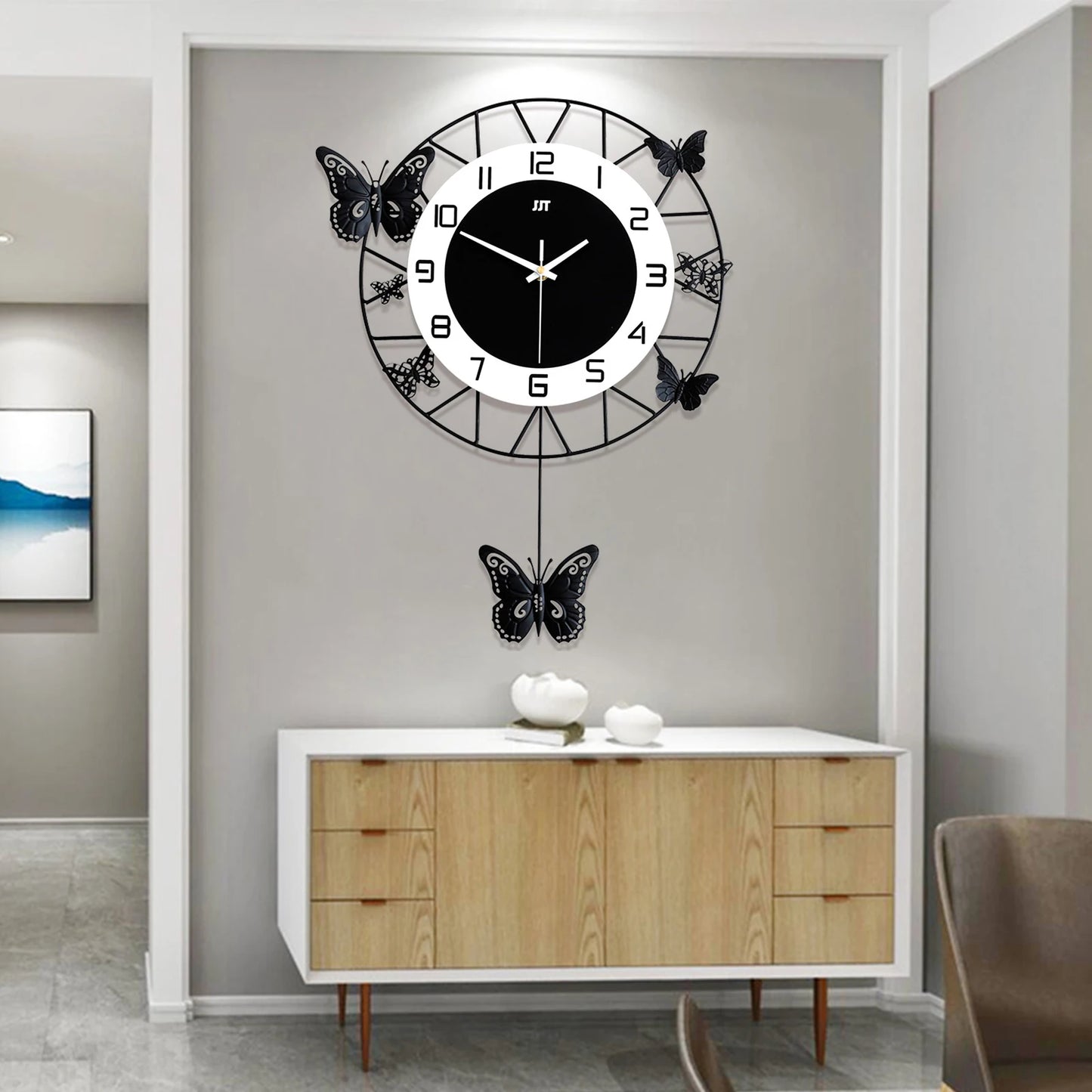 20" Round Butterfly Wall Clock, Creative, Iron, Quartz
