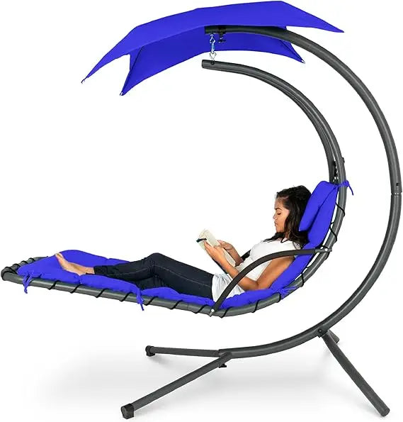 Outdoor Hanging Curved Steel Lounge Chair, Swing, Built-in Pillow, Removable Canopy, 14 Colors