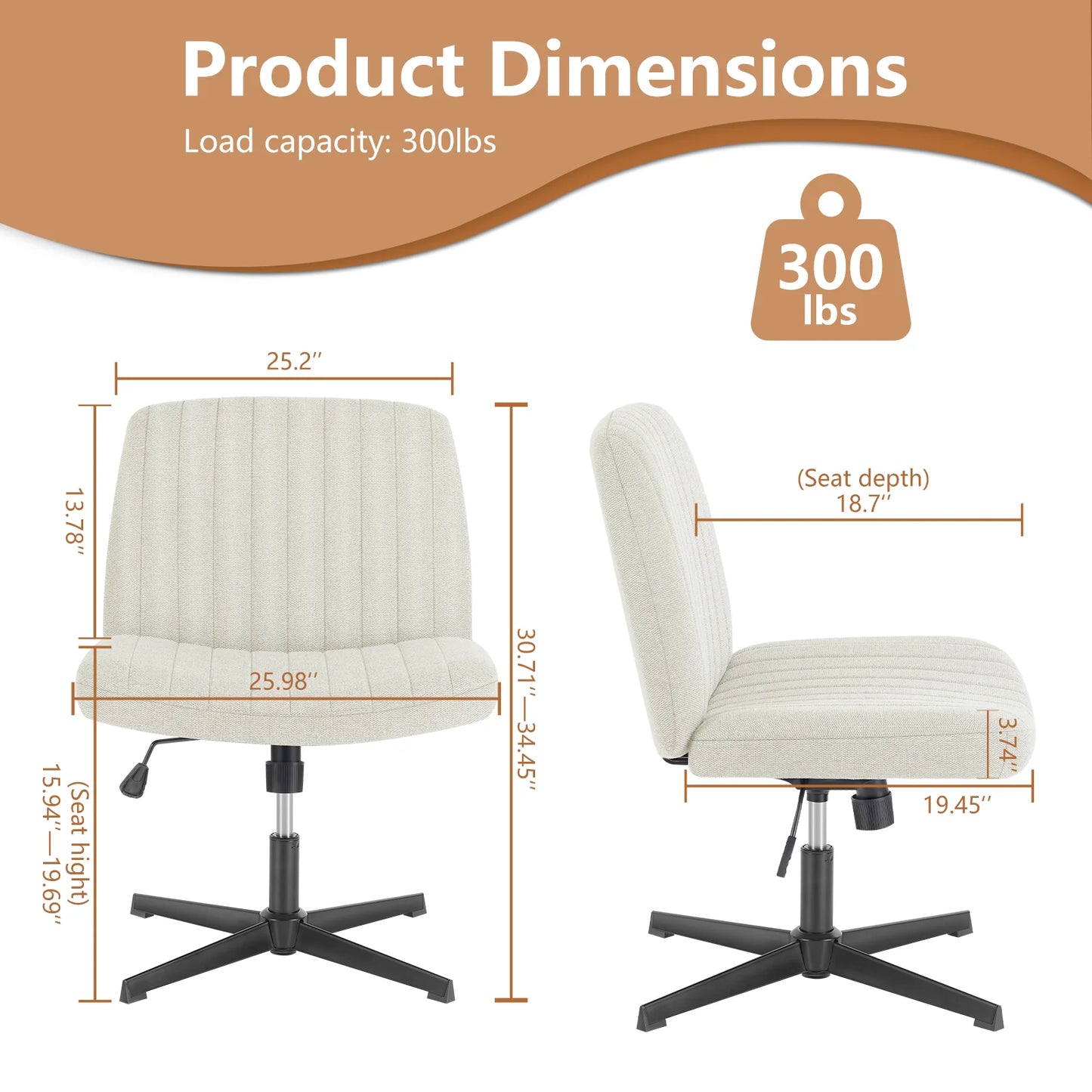 Office Chair, Armless, Wide, Dual-Purpose Base, Adjustable, Swivel, Fabric