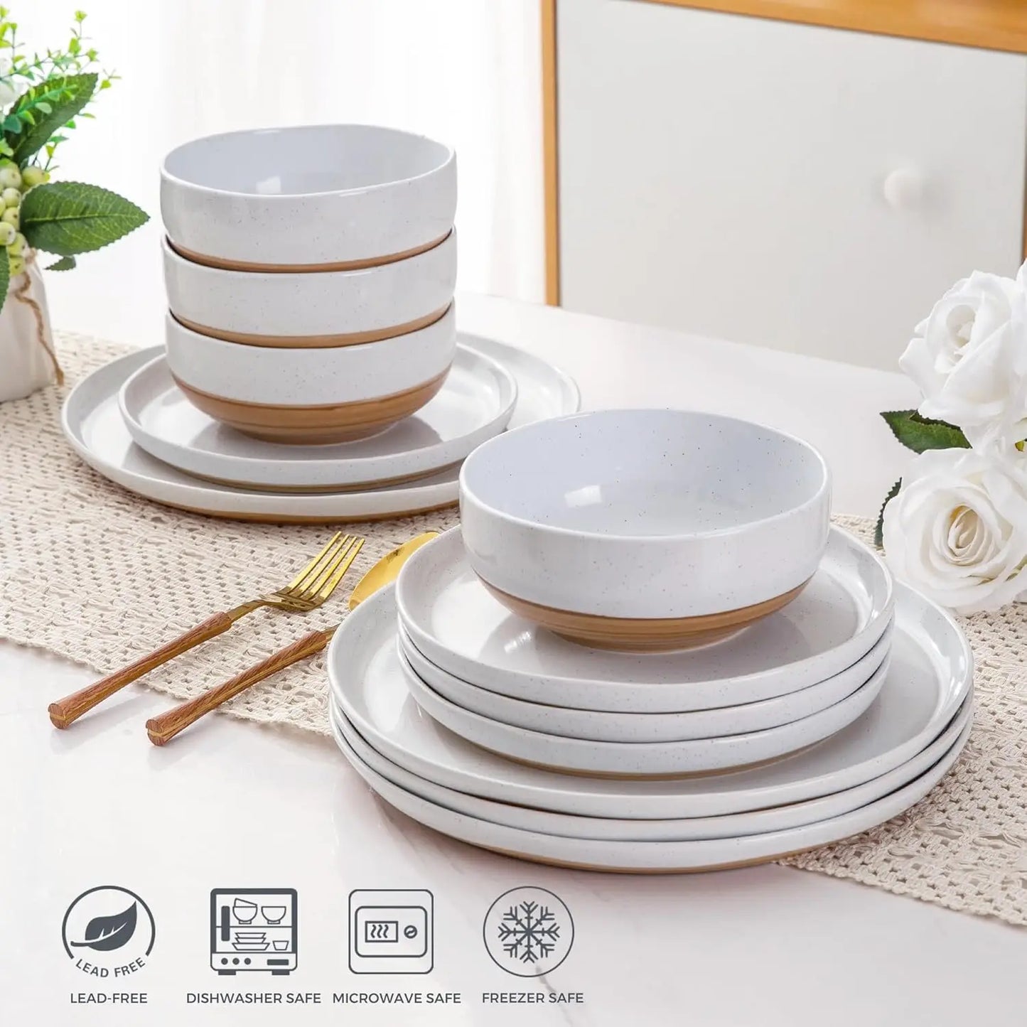12 Piece Ceramic Dinnerware Set, Rustic Terracott, Service For 4
