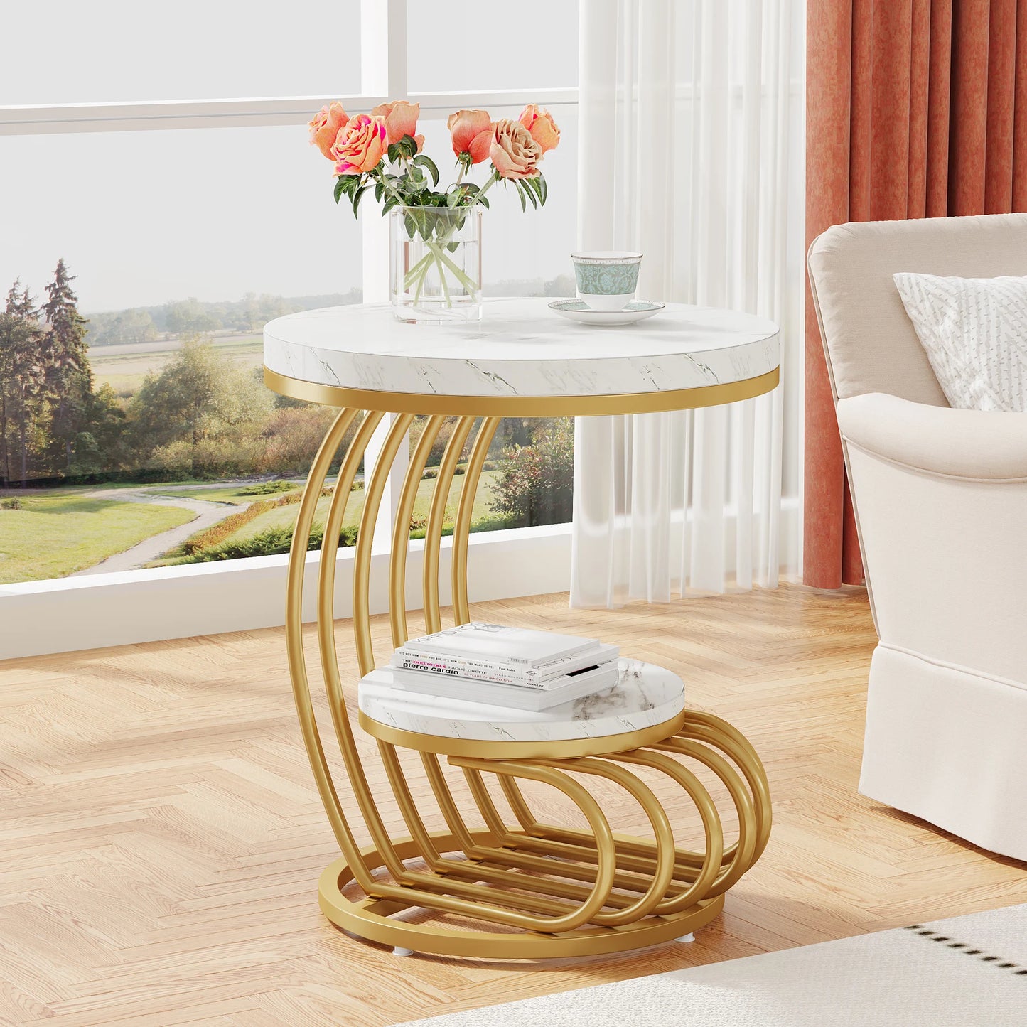 End Table, Faux Marble Side Table with Storage Shelf, Nightstand